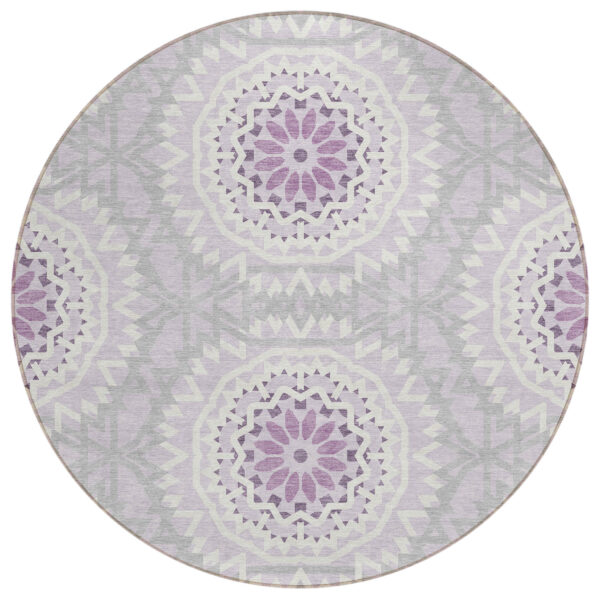 8' Lilac Purple And Ivory Round Floral Medallion Washable Indoor Outdoor Area Rug