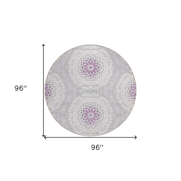 8' Lilac Purple And Ivory Round Floral Medallion Washable Indoor Outdoor Area Rug