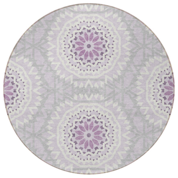 8' Lilac Purple And Ivory Round Floral Medallion Washable Indoor Outdoor Area Rug
