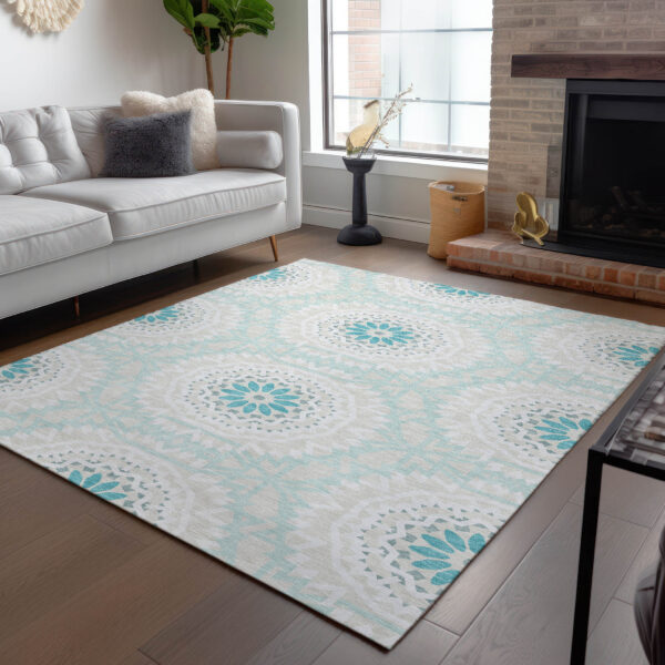 3' X 5' Teal Blue Beige And Ivory Floral Medallion Washable Indoor Outdoor Area Rug