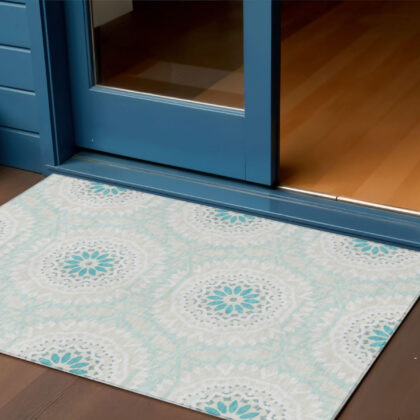 3' X 5' Teal Blue Beige And Ivory Floral Medallion Washable Indoor Outdoor Area Rug