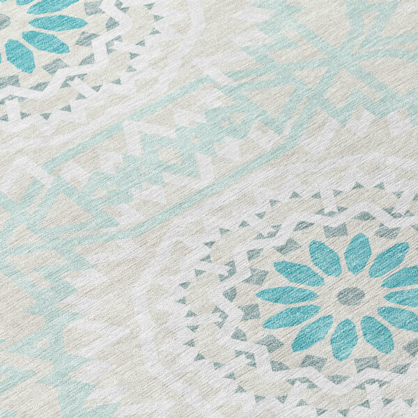 3' X 5' Teal Blue Beige And Ivory Floral Medallion Washable Indoor Outdoor Area Rug