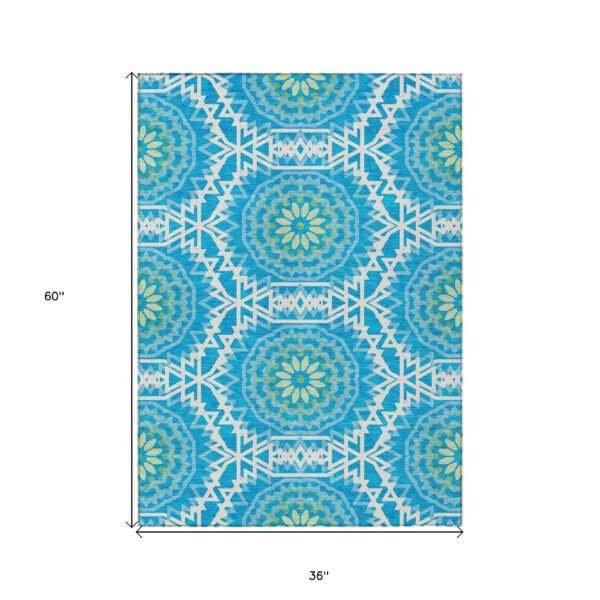 3' X 5' Ivory And Sky Blue Floral Medallion Washable Indoor Outdoor Area Rug