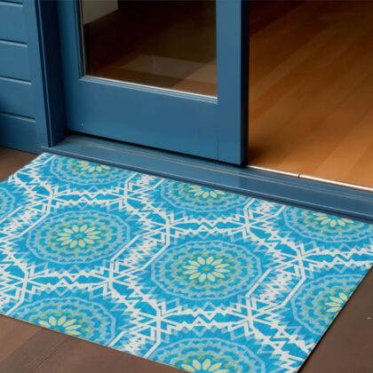 3' X 5' Ivory And Sky Blue Floral Medallion Washable Indoor Outdoor Area Rug