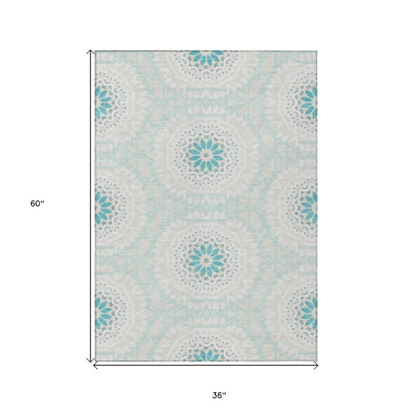 3' X 5' Teal Blue Beige And Ivory Floral Medallion Washable Indoor Outdoor Area Rug
