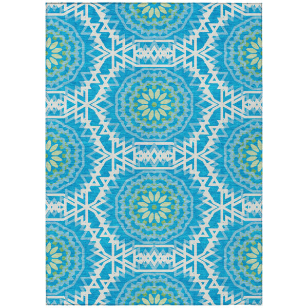 3' X 5' Ivory And Sky Blue Floral Medallion Washable Indoor Outdoor Area Rug