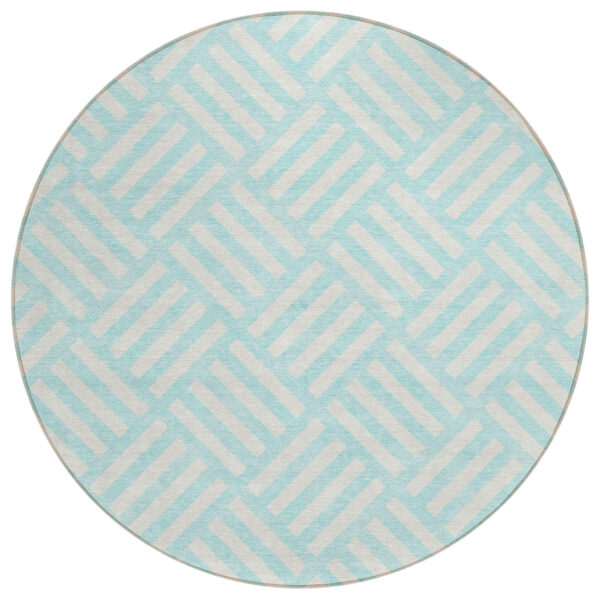 8' Aqua And Ivory Round Geometric Washable Indoor Outdoor Area Rug