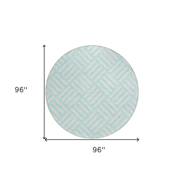 8' Aqua And Ivory Round Geometric Washable Indoor Outdoor Area Rug