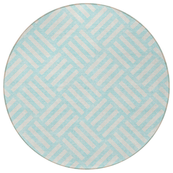 8' Aqua And Ivory Round Geometric Washable Indoor Outdoor Area Rug