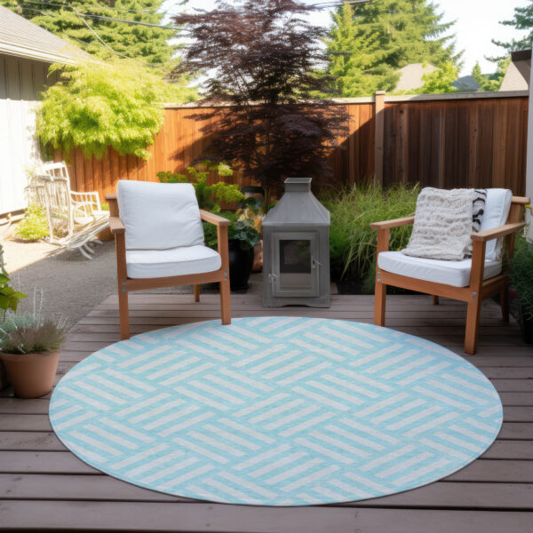 8' Aqua And Ivory Round Geometric Washable Indoor Outdoor Area Rug