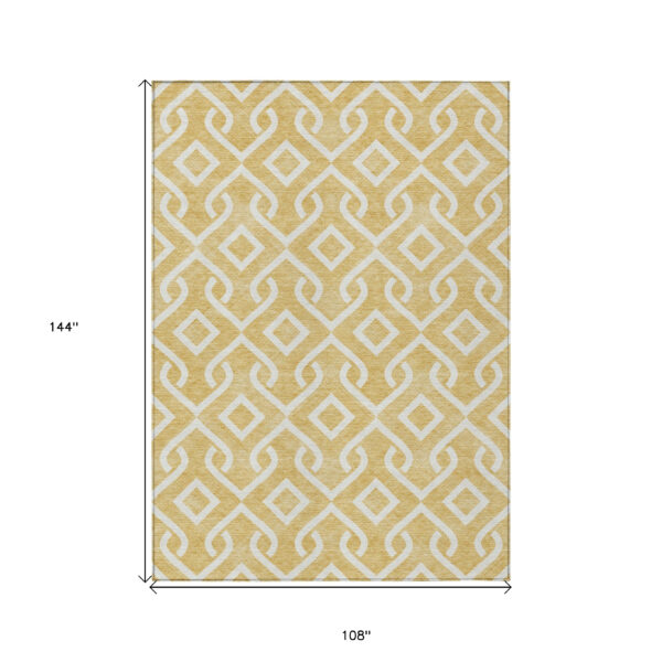 9' X 12' Gold And Ivory Geometric Washable Indoor Outdoor Area Rug