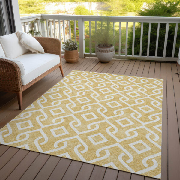 9' X 12' Gold And Ivory Geometric Washable Indoor Outdoor Area Rug