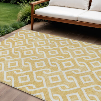 9' X 12' Gold And Ivory Geometric Washable Indoor Outdoor Area Rug
