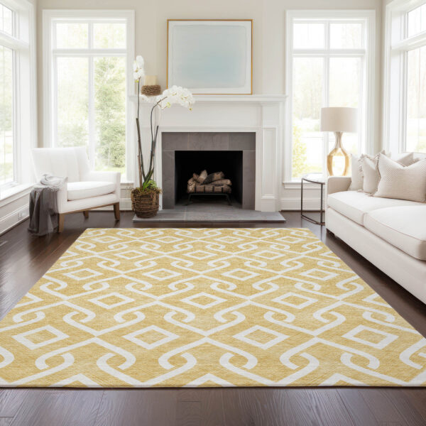 9' X 12' Gold And Ivory Geometric Washable Indoor Outdoor Area Rug