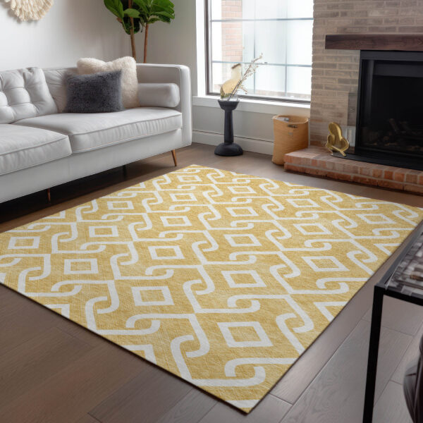 9' X 12' Gold And Ivory Geometric Washable Indoor Outdoor Area Rug