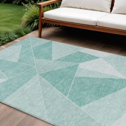 9' X 12' Green Mint Green And Aqua Geometric Washable Indoor Outdoor Area Rug