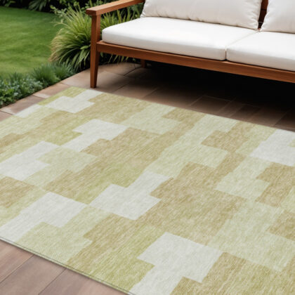8' X 10' Beige Ivory And Brown Geometric Washable Indoor Outdoor Area Rug