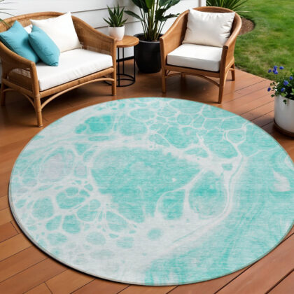 8' Aqua Teal Blue And Ivory Round Nautical Washable Indoor Outdoor Area Rug