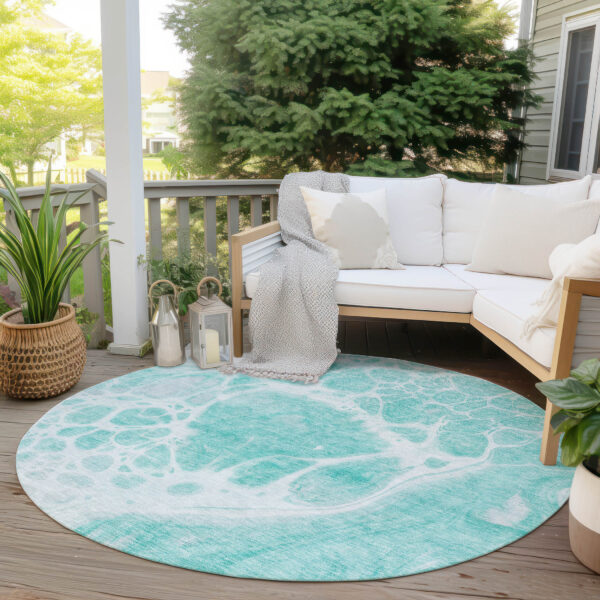 8' Aqua Teal Blue And Ivory Round Nautical Washable Indoor Outdoor Area Rug
