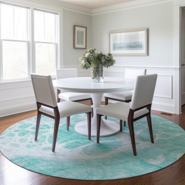 8' Aqua Teal Blue And Ivory Round Nautical Washable Indoor Outdoor Area Rug