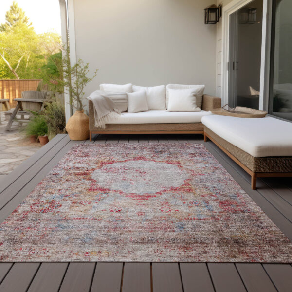 3' X 5' Red Gray And Blue Oriental Washable Indoor Outdoor Area Rug