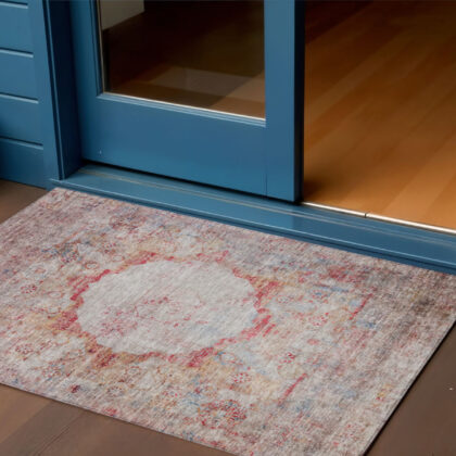 3' X 5' Red Gray And Blue Oriental Washable Indoor Outdoor Area Rug