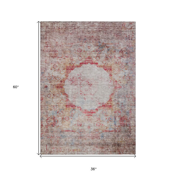 3' X 5' Red Gray And Blue Oriental Washable Indoor Outdoor Area Rug