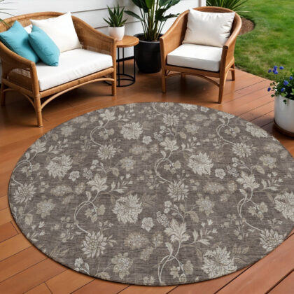 8' Chocolate Beige And Taupe Round Floral Washable Indoor Outdoor Area Rug
