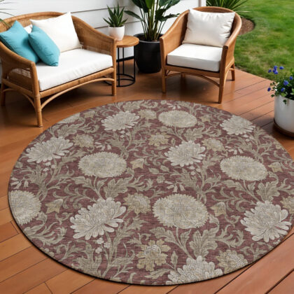 8' Merlot Taupe And Beige Round Floral Washable Indoor Outdoor Area Rug