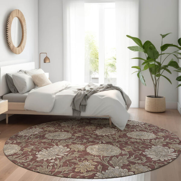 8' Merlot Taupe And Beige Round Floral Washable Indoor Outdoor Area Rug