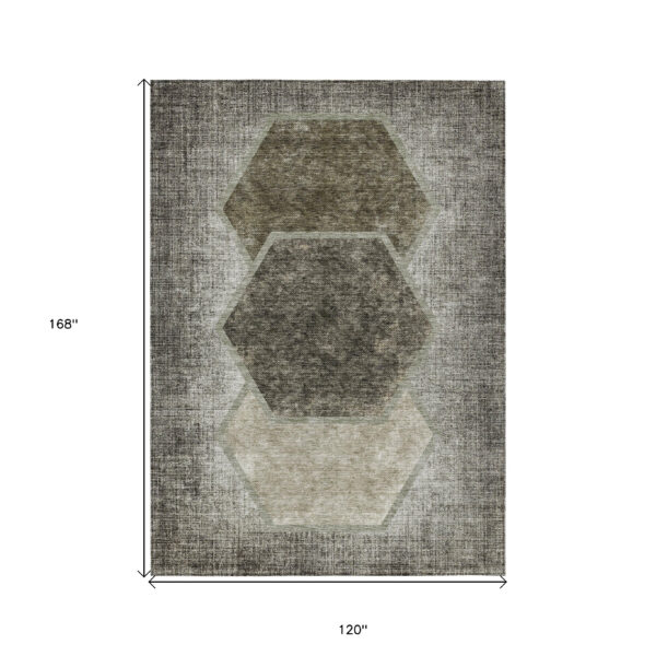 10' X 14' Taupe Beige And Chocolate Geometric Washable Indoor Outdoor Area Rug