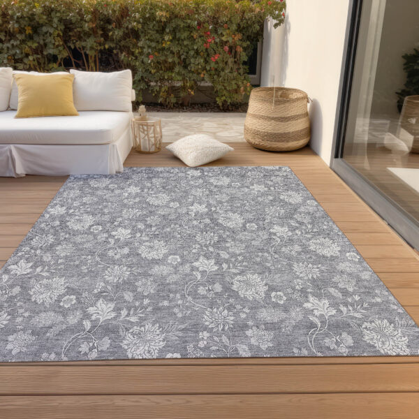5' X 8' Gray Silver And Ivory Floral Washable Indoor Outdoor Area Rug