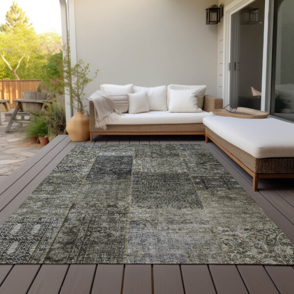 8' X 10' Taupe Brown And Charcoal Patchwork Washable Indoor Outdoor Area Rug