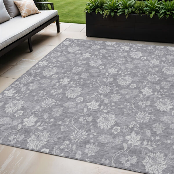 5' X 8' Gray Silver And Ivory Floral Washable Indoor Outdoor Area Rug