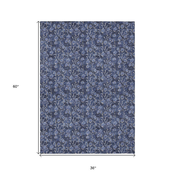 3' X 5' Navy Blue Denim Blue And Ivory Floral Washable Indoor Outdoor Area Rug