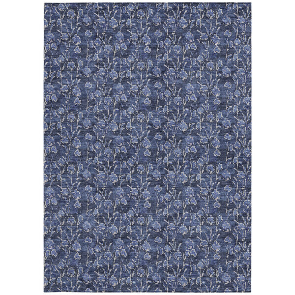 3' X 5' Navy Blue Denim Blue And Ivory Floral Washable Indoor Outdoor Area Rug