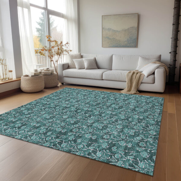 8' X 10' Teal Blue Aqua And Ivory Floral Washable Indoor Outdoor Area Rug