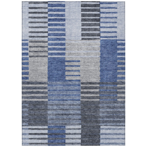 9' X 12' Denim Blue And Navy Blue Striped Washable Indoor Outdoor Area Rug