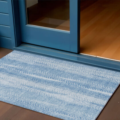 3' X 5' Sky Blue And Denim Blue Botanical Leaves Washable Indoor Outdoor Area Rug