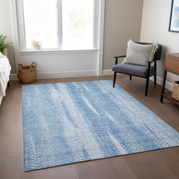 3' X 5' Sky Blue And Denim Blue Botanical Leaves Washable Indoor Outdoor Area Rug