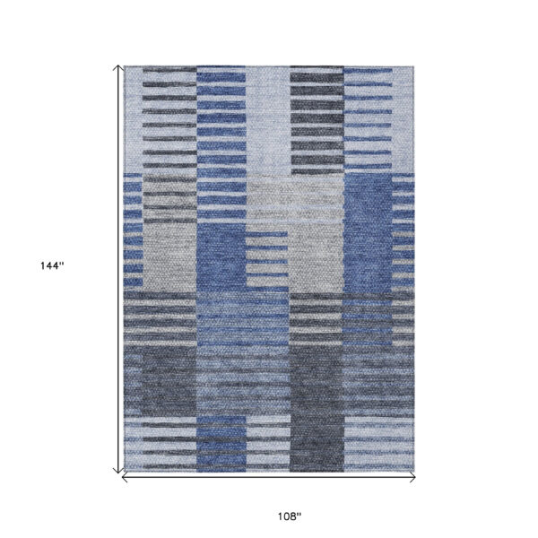 9' X 12' Denim Blue And Navy Blue Striped Washable Indoor Outdoor Area Rug