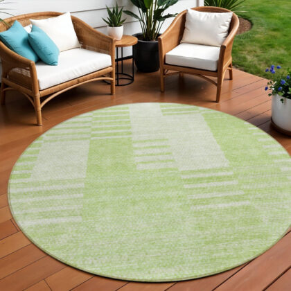 8' Artichoke Green And Mint Green Round Striped Washable Indoor Outdoor Area Rug