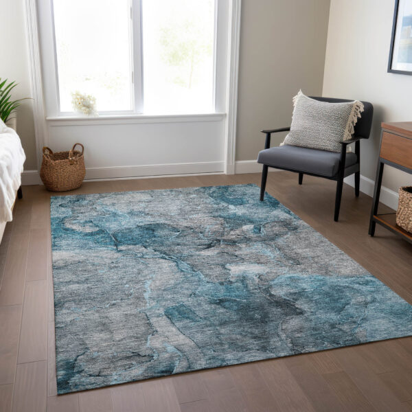 8' X 10' Teal Blue And Navy Blue Abstract Washable Indoor Outdoor Area Rug
