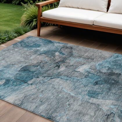 8' X 10' Teal Blue And Navy Blue Abstract Washable Indoor Outdoor Area Rug