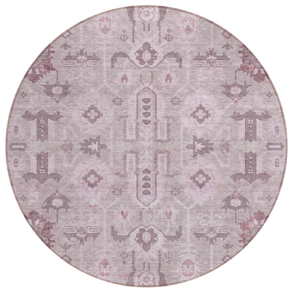 8' Pink Mauve And Blush Round Oriental Washable Indoor Outdoor Area Rug