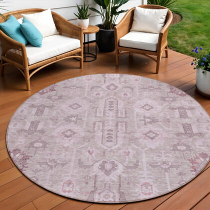 8' Pink Mauve And Blush Round Oriental Washable Indoor Outdoor Area Rug
