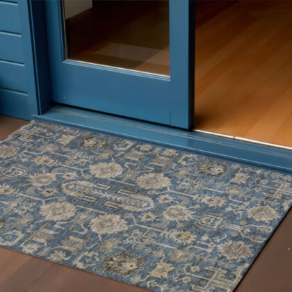 3' X 5' Navy Blue Beige And Taupe Oriental Washable Indoor Outdoor Area Rug