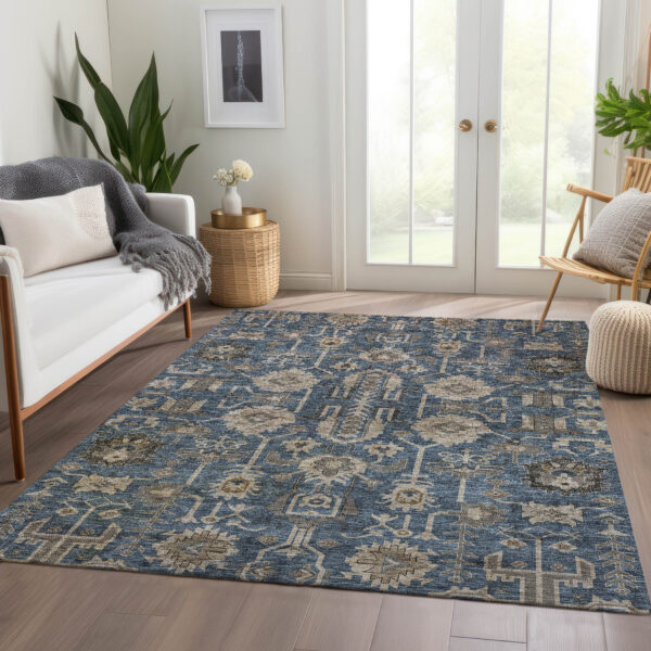 3' X 5' Navy Blue Beige And Taupe Oriental Washable Indoor Outdoor Area Rug