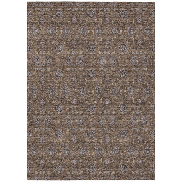 5' X 8' Chocolate And Gray Floral Washable Indoor Outdoor Area Rug