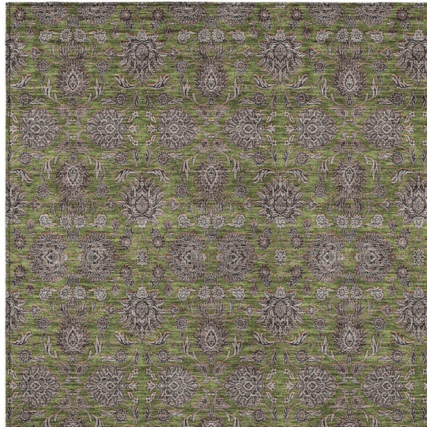 5' X 8' Olive Green Beige And Taupe Floral Washable Indoor Outdoor Area Rug